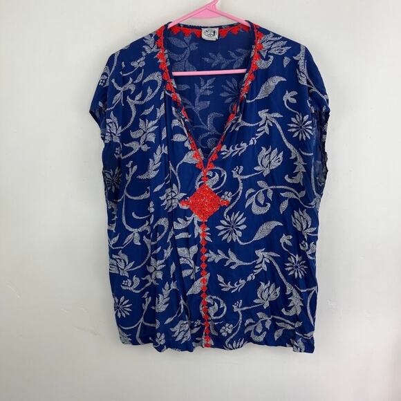 Irving & Fine x Lucky brand 100% Rayon Pull On Top Blue Print womens size XL - Picture 2 of 7